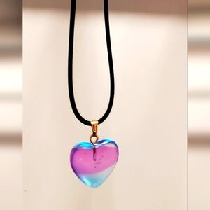 Handmade, Blue/Pink Ombre  Heart Glass Charm, 18in Cord w/ 2in extender
